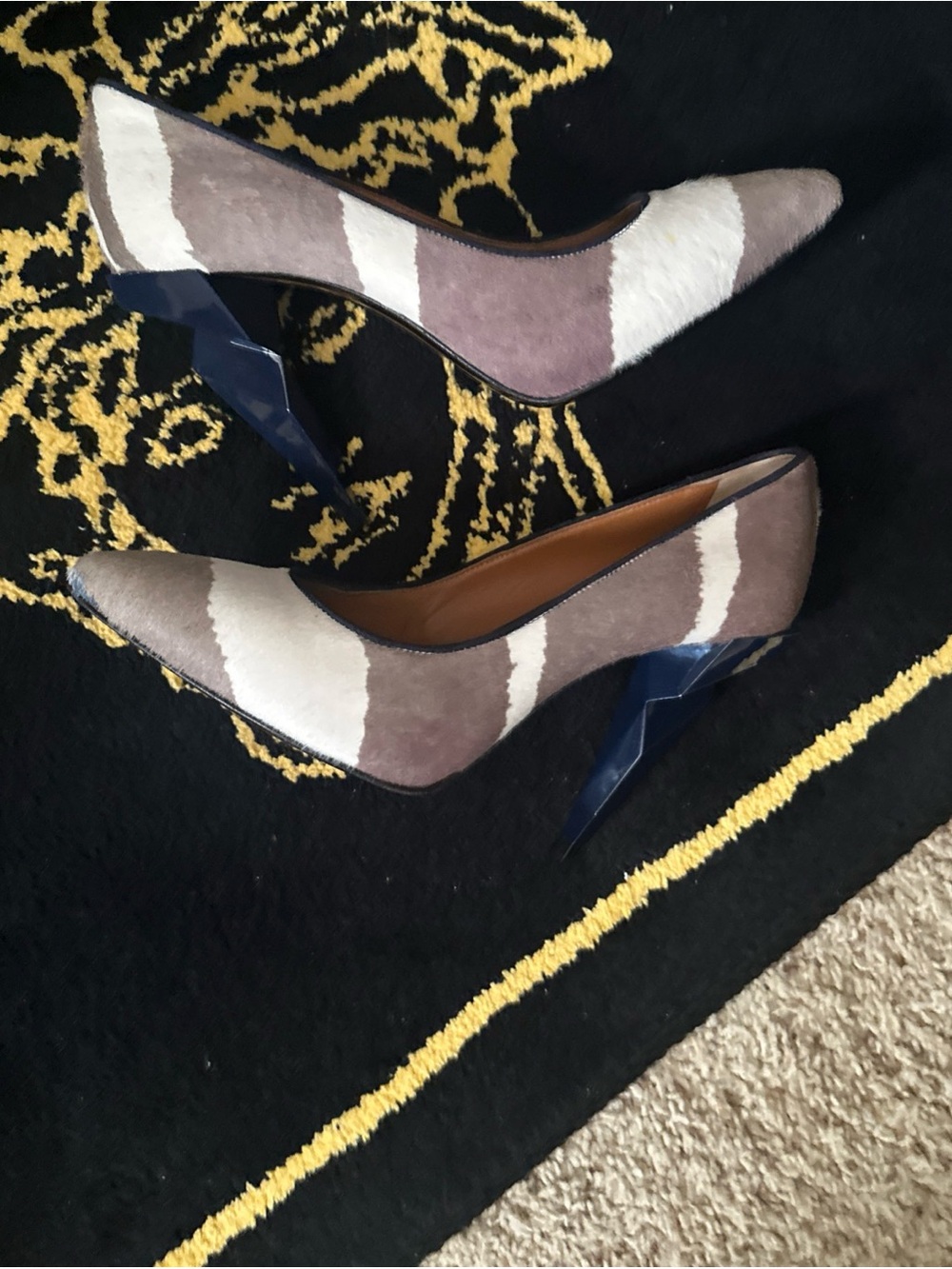 Fendi Zebra Print Poly hair Pointed Toe Pumps with Sculpted Navy Heel